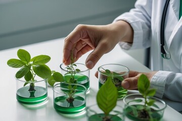 Green plant scientist in laboratory conducting experiments - obrazy, fototapety, plakaty