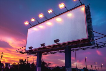 An empty huge poster mockup on the roof of a mall; white template placeholder of an advertising billboard on the rooftop of a modern building framed by trees; blank mock-up of an outdoor info banner 