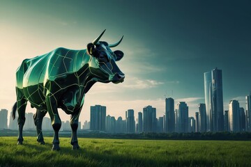 A futuristic cow on a green meadow against the backdrop of a cyber city. AI generative.