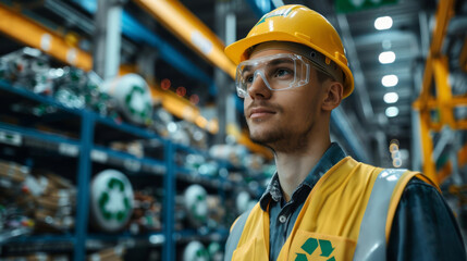 Man in safety gear oversees recycling plant operations, embodying environmental responsibility and industrial efficiency. - obrazy, fototapety, plakaty