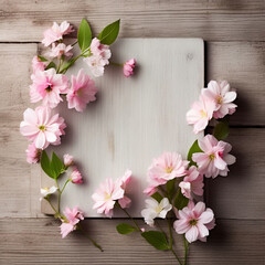 A background of gorgeous spring sacura (Japan cherry) flowers on a wooden macro table - 755694578