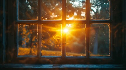a window with the sun shining behind it
