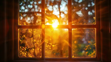 a window with the sun shining behind it