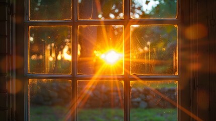 a window with the sun shining behind it