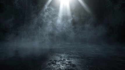 Empty space studio dark room with spot lighting and fog in black background - obrazy, fototapety, plakaty