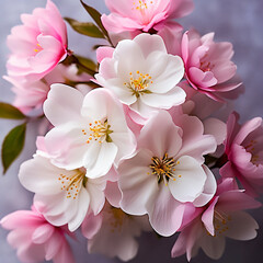 A background of gorgeous spring sacura (Japan cherry) flowers on a wooden macro table - 755694724