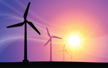 wind turbine generators at sunset