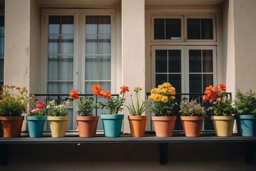 Beautiful flowers in pots on a vintage balcony. AI generative.