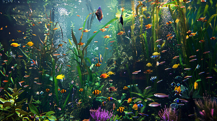 photo of the underwater world in an aquarium, pond, lake, beautiful underwater green plants, arranged composition, beautiful goldfish.