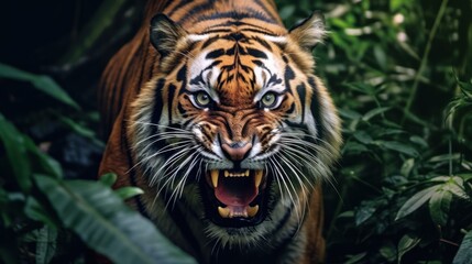 close up angry tiger on the jungle