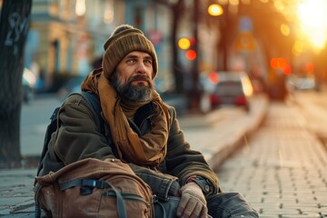 Homeless beggar man sitting outdoors in city asking for money donation. - obrazy, fototapety, plakaty