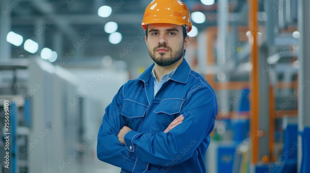 Wall mural Portrait of manual man worker is standing with confident with blue working suite dress and safety helmet in front the glass wall of high technology clean industry factory.