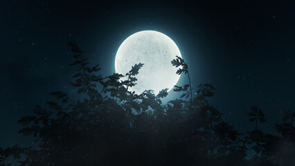 oak tree branches in front of bright shining moon. 3D Rendering