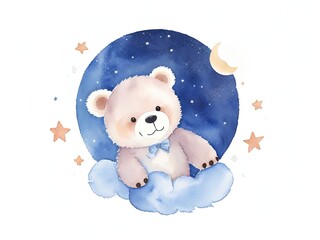 Watercolor cute bear with moon and stars. Watercolor illustration isolated on white background. Generative AI.