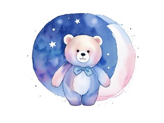 Watercolor cute bear with moon and stars. Watercolor illustration isolated on white background. Generative AI.
