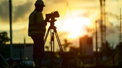 Fototapeta premium silhouette black man survey civil engineer stand on ground working in a land building site over Blurred construction worker on industrial site.