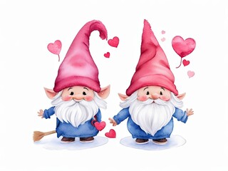 Watercolor Cute Valentine's Gnomes isolated on white background. Watercolor illustration for Valentine's Day cards, invitations,t-shirts design. , full body, clean, simple, white background.