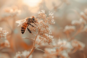 Honey bee pollenates a spring flower
