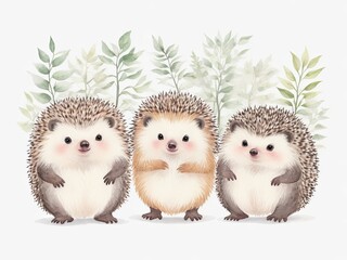 Watercolor forest animal: cute hedgehogs.Watercolor illustration isolated on white background. Generative AI. 