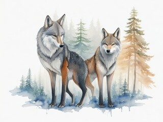 Watercolor forest animal: wolfs.Watercolor illustration isolated on white background. Generative AI.