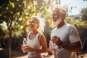 outdoor senior fitness woman man cheerful laughing smiling active sport exercise healthy fit runner couple running jogging elderly mature water bottle drink thirsty  - obrazy, fototapety, plakaty