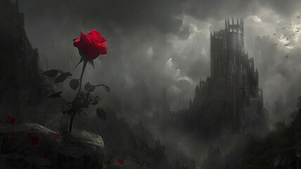 Hate's fortress stands tall and imposing, but within its walls, love flourishes like a surreal rose, its beauty defying the darkness. - obrazy, fototapety, plakaty