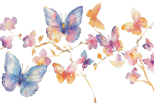 The image features a watercolor painting of butterflies and cherry blossoms against a transparent background. There are pink, purple, and blue butterflies flying and perched on branches with pink flow