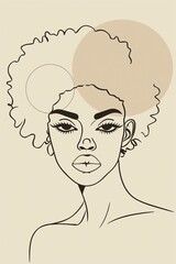 modern illustration black woman with big afro hair drawn in simple shapes, neutral colors, line art