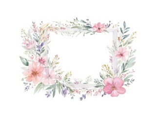 Floral Border with Pink Flowers and Leaves Illustration in watercolor on a white isolated background. Generative AI.