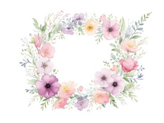 Floral Border with Pink Flowers and Leaves Illustration in watercolor on a white isolated background. Generative AI.