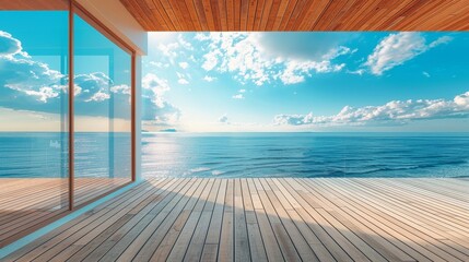 A wooden deck with views of the ocean