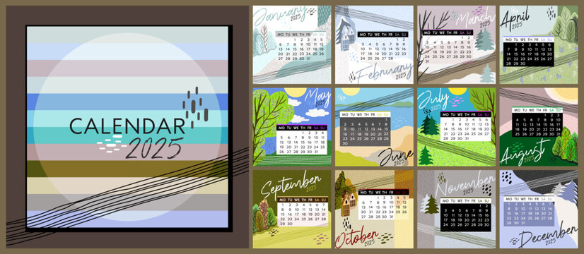 Calendar 2025. Colorful monthly calendar with various landscapes. Cover and 12 monthly pages. Week starts on Monday, vector illustration. Square pages.