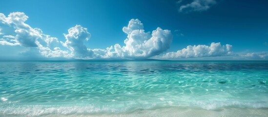 Obraz premium Peaceful tropical seascape, turquoise waters, blue skies, serene atmosphere, tranquil beauty, idyllic vacation setting. Generative AI