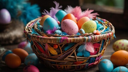 A whimsical Easter basket, crafted from woven twigs and adorned with colorful feathers, filled with hand-crafted candies and hand-painted eggs. 