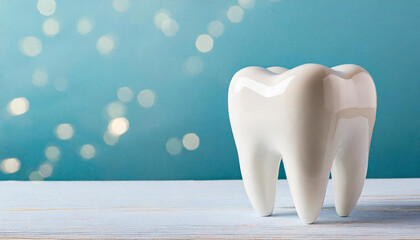 White tooth model on blue background. Dental care. Stomatology clinic, orthodontist's business.