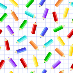 Color pencils vector seamless pattern. Stylized colorful crayons on on checkered notebook background.