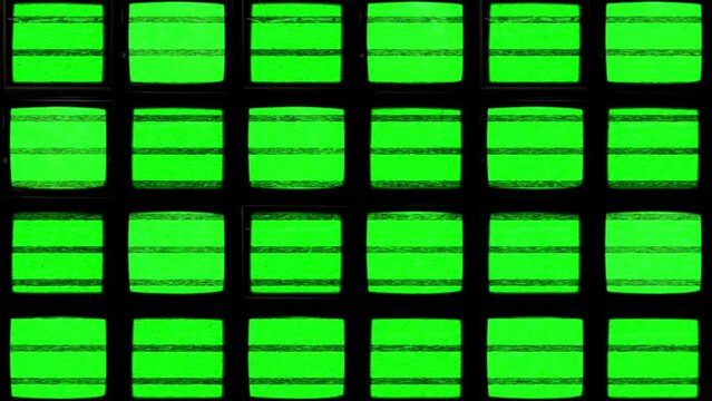 Array of Black Screens with Green Static in Darkness. Chroma Key