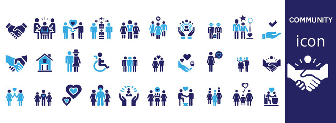Community icon set. Containing people, friendship, social, diversity, village, relationships, support and community development icons. Solid icon collection