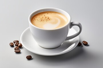 Obraz premium white cup and saucer with freshly brewed strong black espresso coffee with crema, isolated beverage design element, top view / flat lay