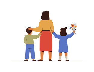 Young mother stands with her two children. Mum with her son and daughter hug together. Back view. Vector illustration for Mothers Day holiday.