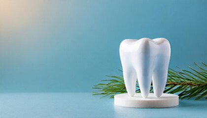 White tooth model on blue background. Dental care. Stomatology clinic, orthodontist's business.