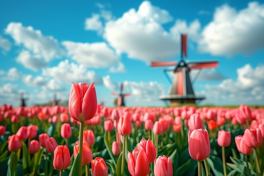 Windmill in Holland Michigan - An authentic wooden windmill from the Netherlands rises behind a field of tulips in Holland Michigan at Springtime. High quality photo. High quality photo