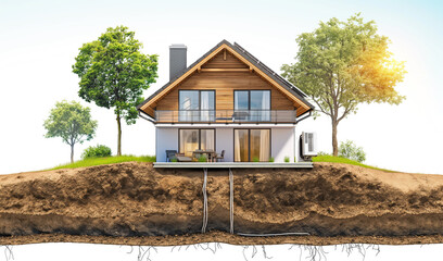 sustainable modern house building with solar panels and heat pump illustration - 755698791