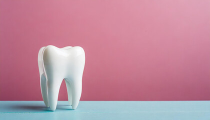 White tooth model on pink background. Dental care. Stomatology clinic, orthodontist's business.