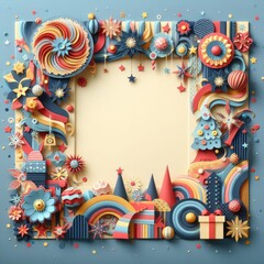 Obraz premium Photo Frame based on abstract art of flowers, cap, balloon, leaf, rain bow, star, gifts