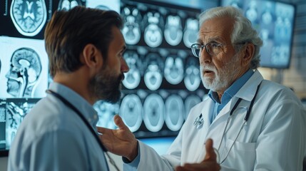 A neurologist explaining a brain scan to a patient, focusing on education and understanding of Parkinson's disease for World Parkinson's Day