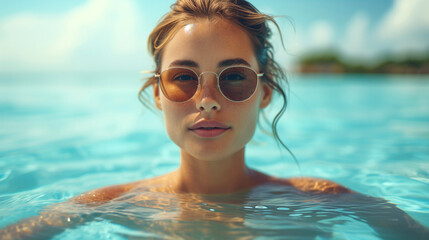 Naklejka premium Portrait of a beautiful young woman in sunglasses in the swimming pool