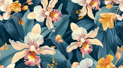 2D Illustrate of Craft an orchid-inspired wallpaper design evoking luxury and sophistication.