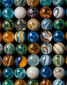 Decorative glass marbles of different colors and patterns arranged in rows on a dark background