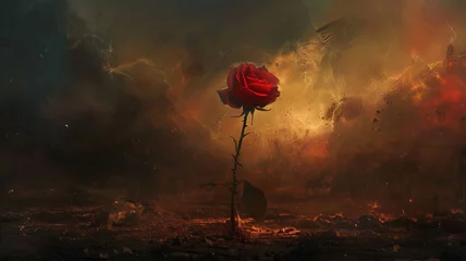 Fototapete Rund Hate's shadows loom large in the surreal landscape, but within its darkness, love blooms like a solitary rose, a beacon of light in the night. © AI artistic beauty